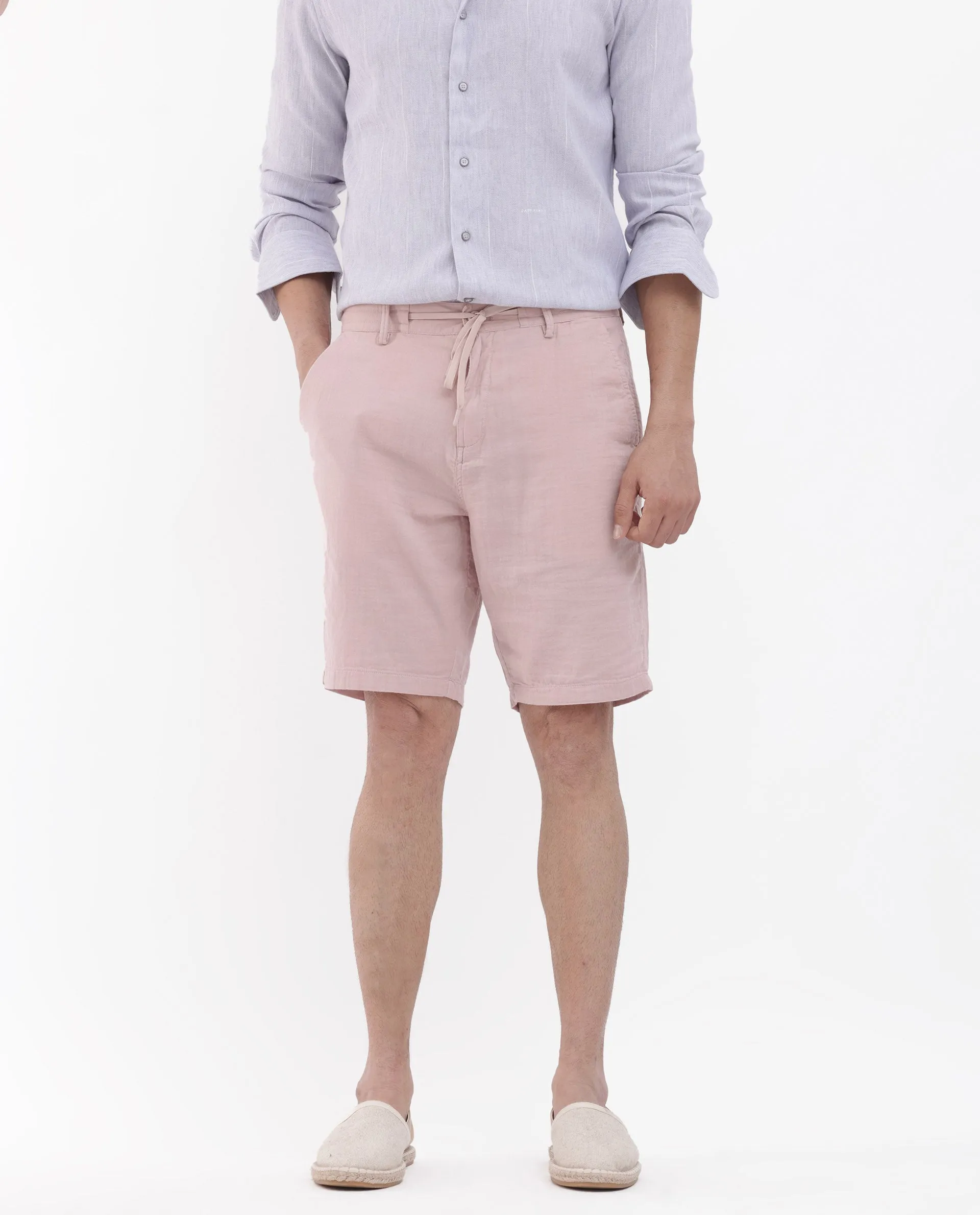 Rare Rabbit Men's Pinto Light Pink Cotton Fabric Drawstring Mid Rise Shorts