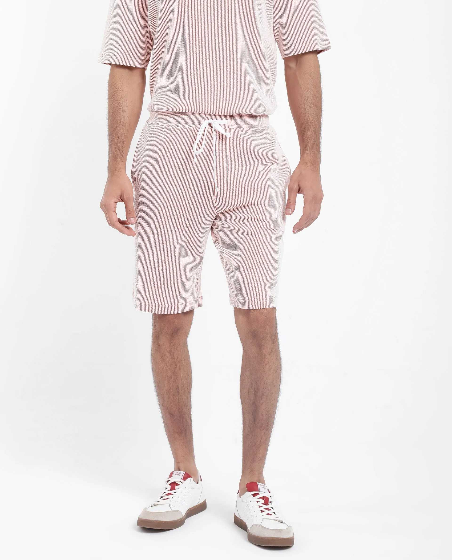 Rare Rabbit Men's Zavet-B Rust Cotton Polyester Fabric Knee Length Regular Fit Self Stripe Textured Shorts