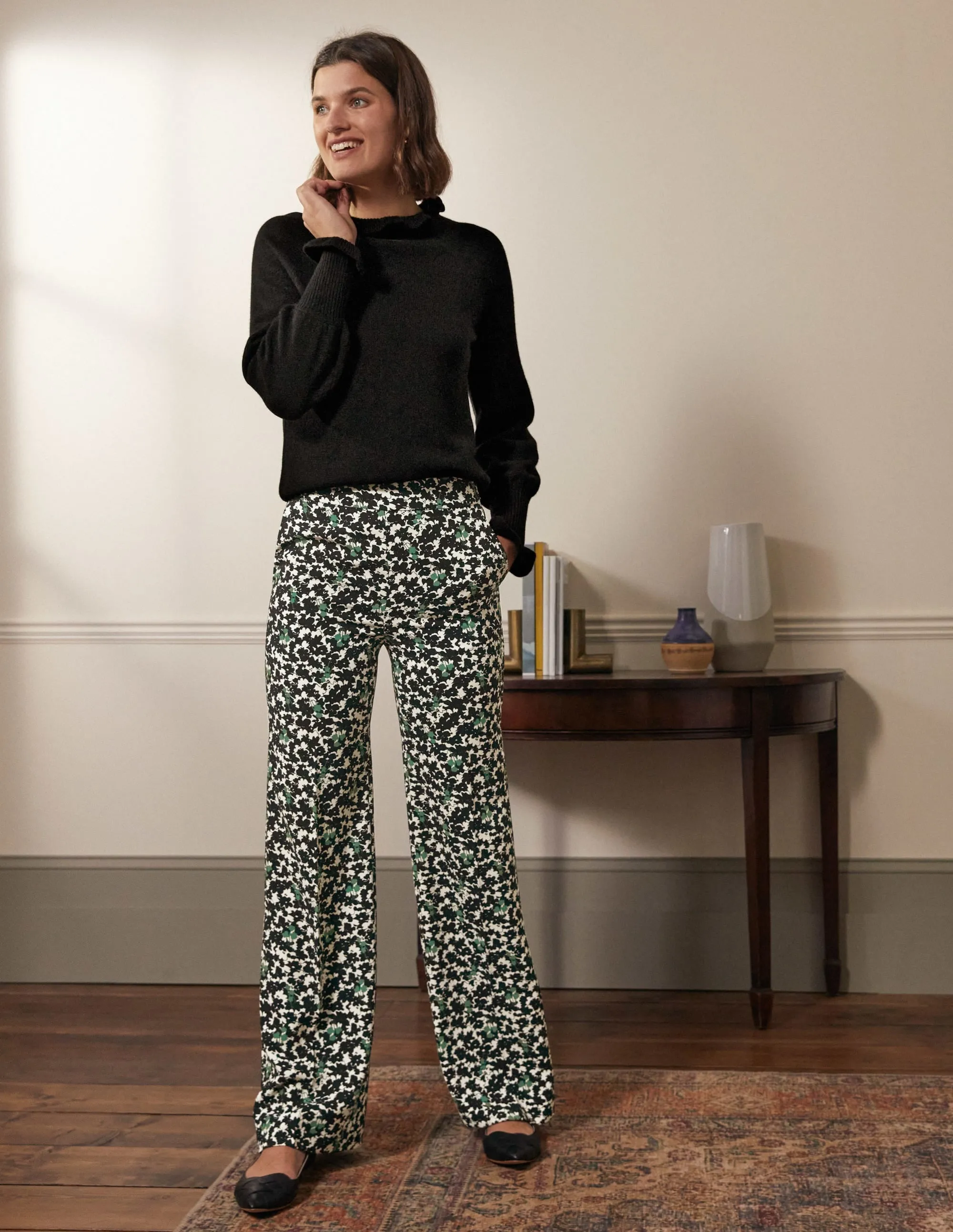Relaxed Bootcut Trousers-Black, Camo Floral
