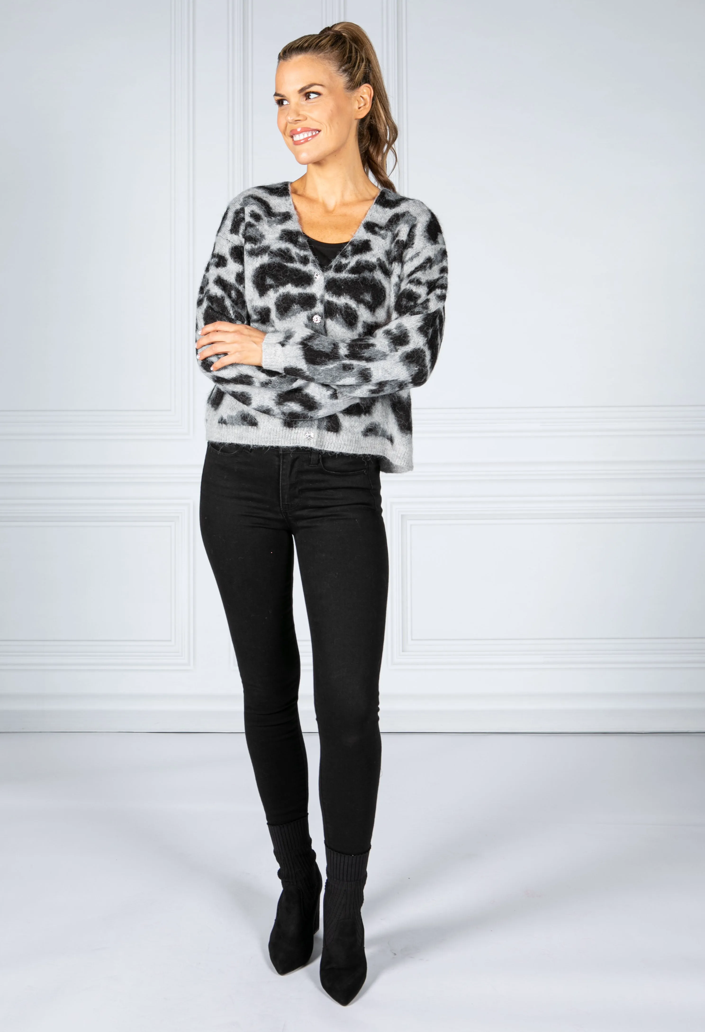 Relaxed Fit Animal Print Cardi in Grey