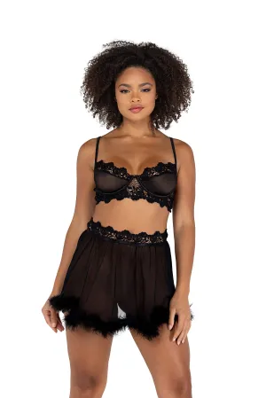 Roma 2PC Mesh Underwire Bralette & Skirt Set with Faux Fur Detail Roma Confidential