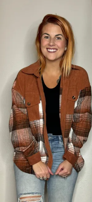 Rusty Brown Plaid Corderoy Shacket