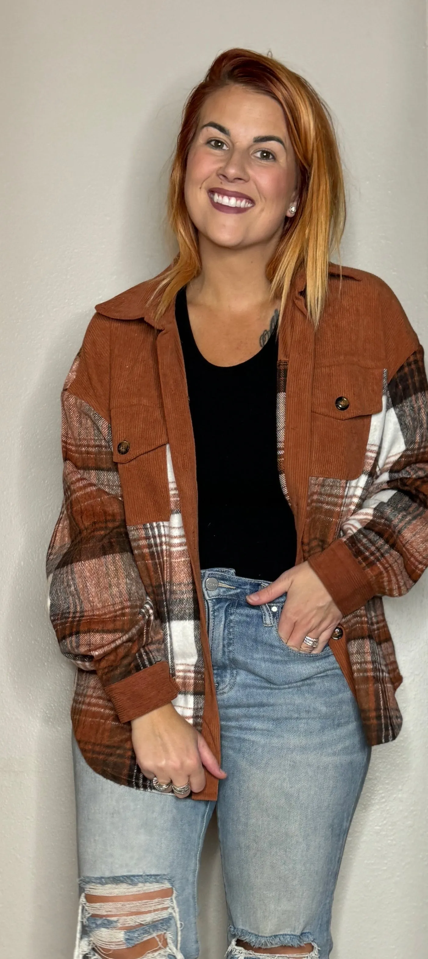Rusty Brown Plaid Corderoy Shacket