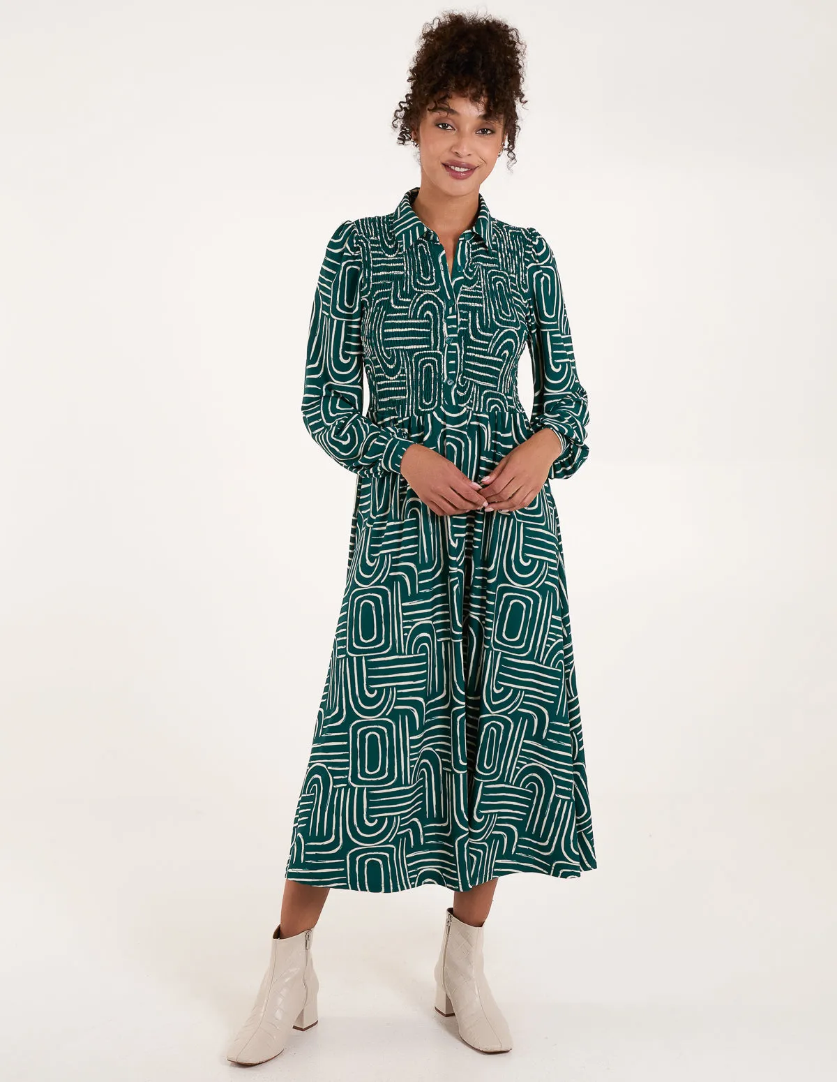 Shirred Bust Long Sleeve Shirt Midi Dress