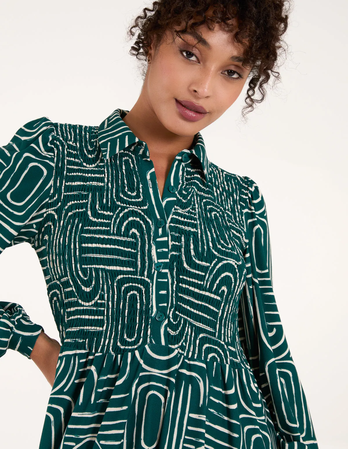 Shirred Bust Long Sleeve Shirt Midi Dress