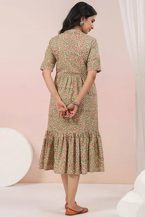 Shuddhi Green And Pink Tier Cotton Dress