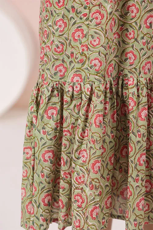 Shuddhi Green And Pink Tier Cotton Dress