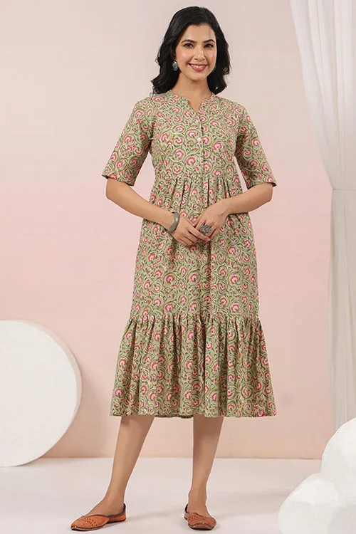 Shuddhi Green And Pink Tier Cotton Dress