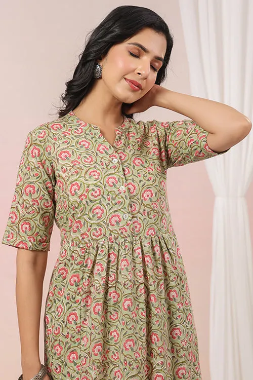 Shuddhi Green And Pink Tier Cotton Dress