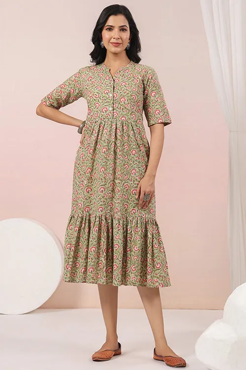 Shuddhi Green And Pink Tier Cotton Dress