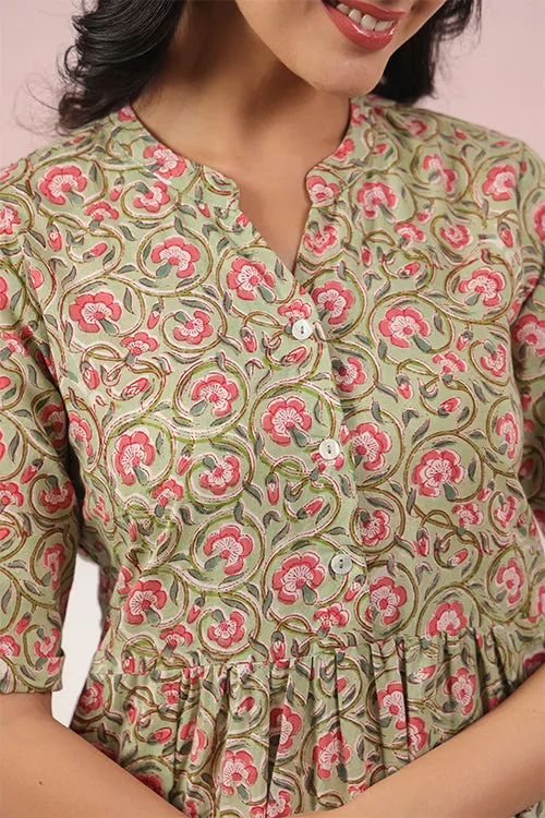 Shuddhi Green And Pink Tier Cotton Dress