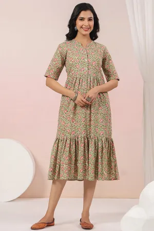 Shuddhi Green And Pink Tier Cotton Dress