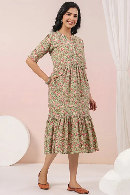 Shuddhi Green And Pink Tier Cotton Dress