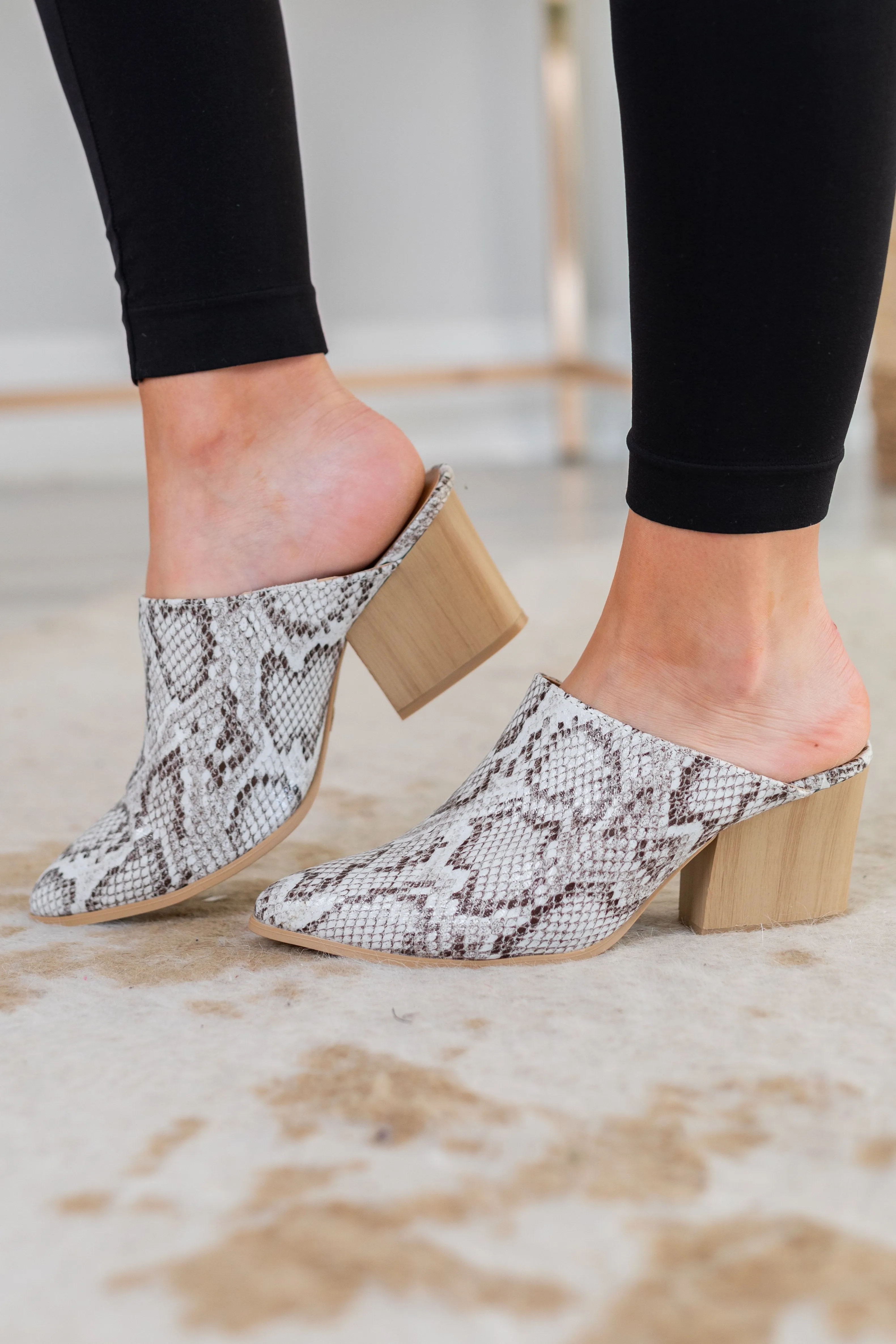 Sorry Not Sorry Off White Snakeskin Heeled Mules