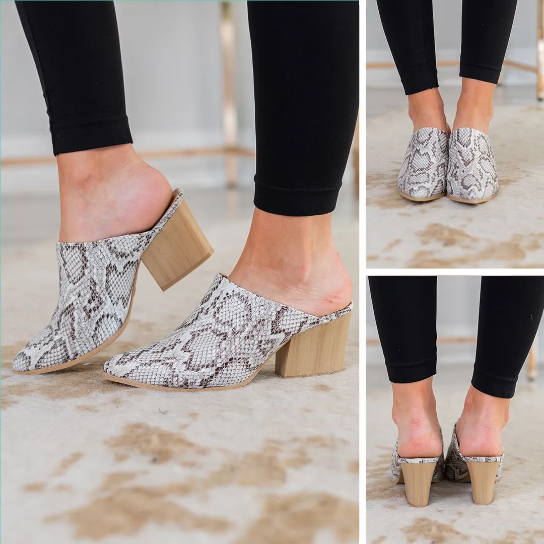 Sorry Not Sorry Off White Snakeskin Heeled Mules