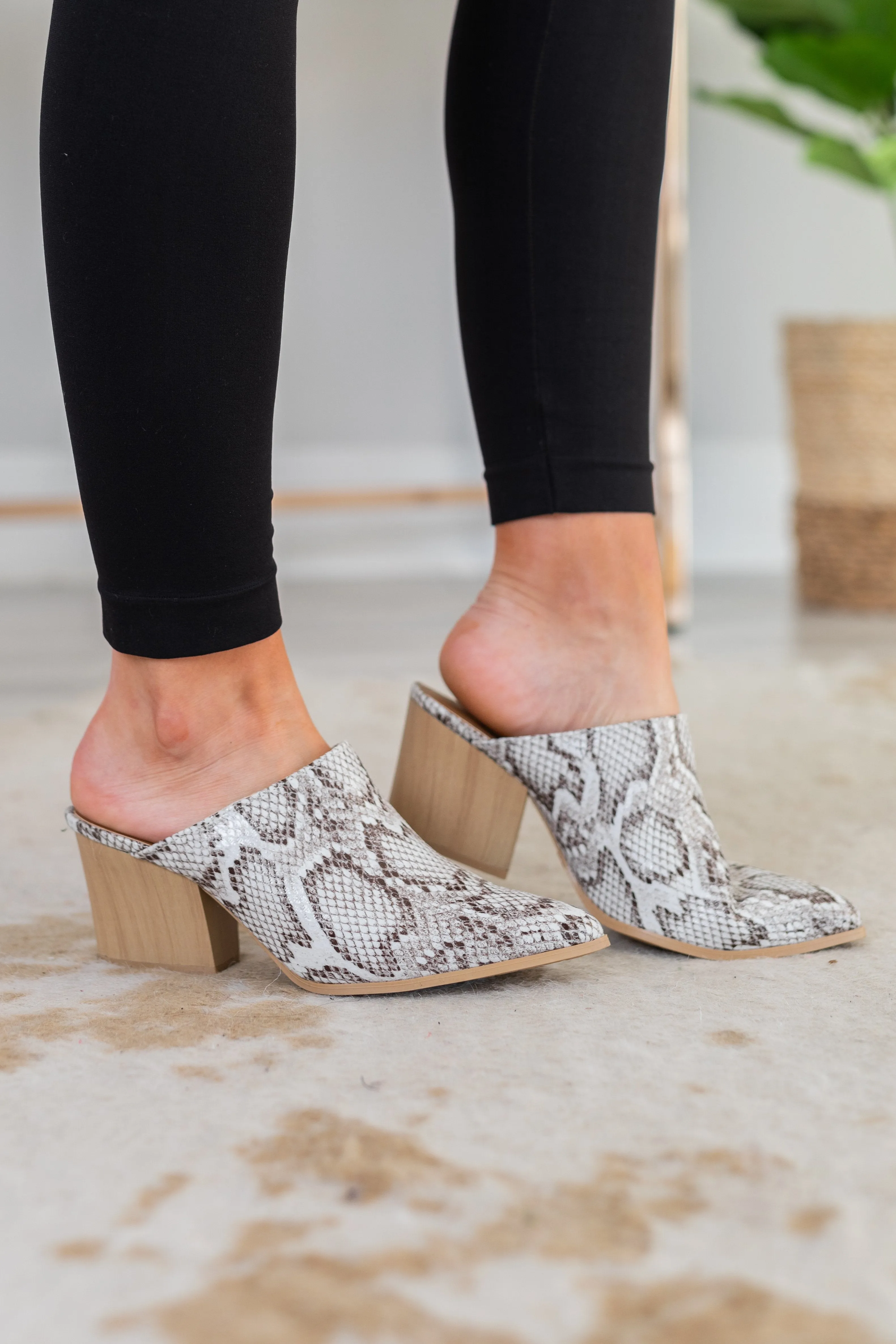 Sorry Not Sorry Off White Snakeskin Heeled Mules