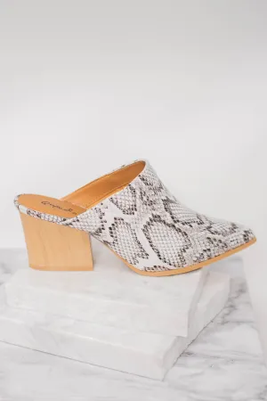 Sorry Not Sorry Off White Snakeskin Heeled Mules