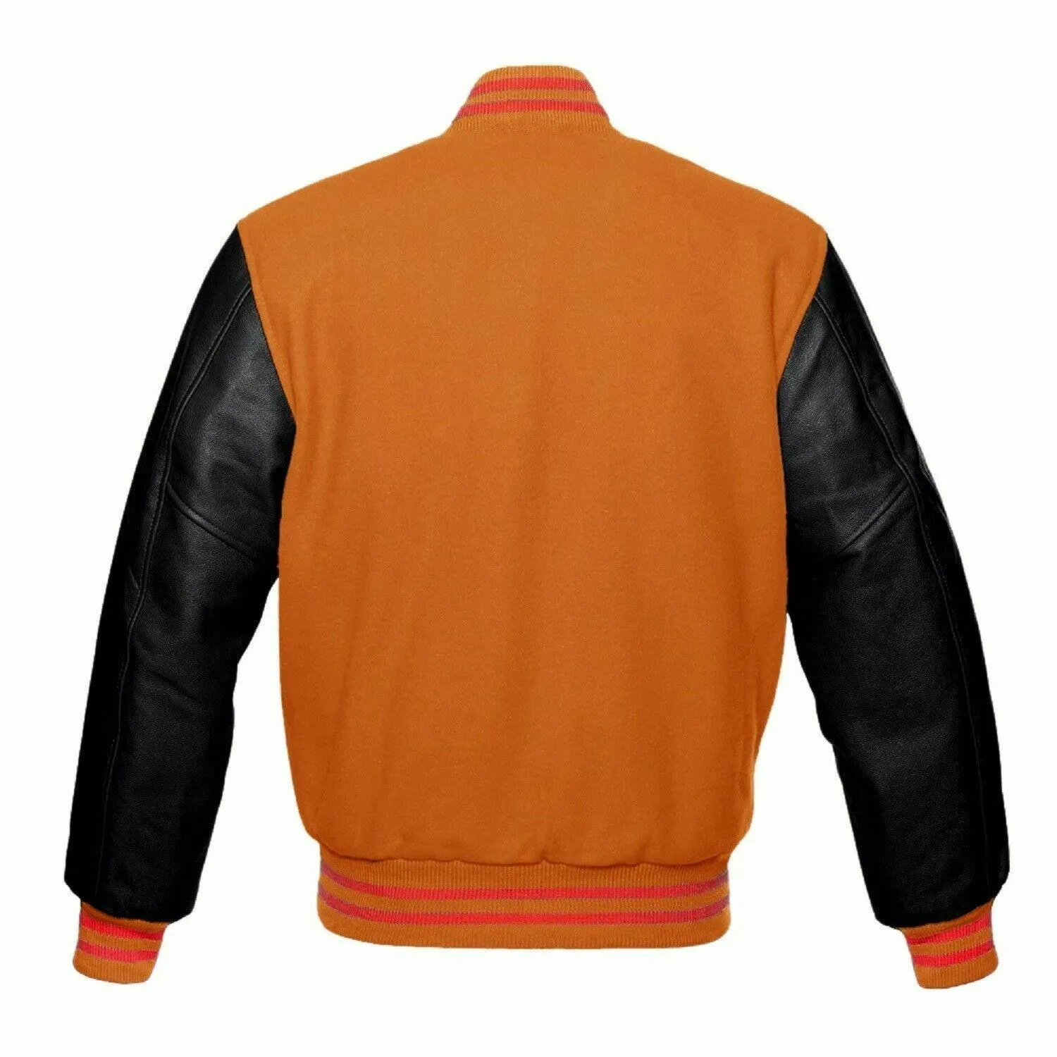 Spine Spark Orange Wool Varsity Jacket Black Leather Sleeves