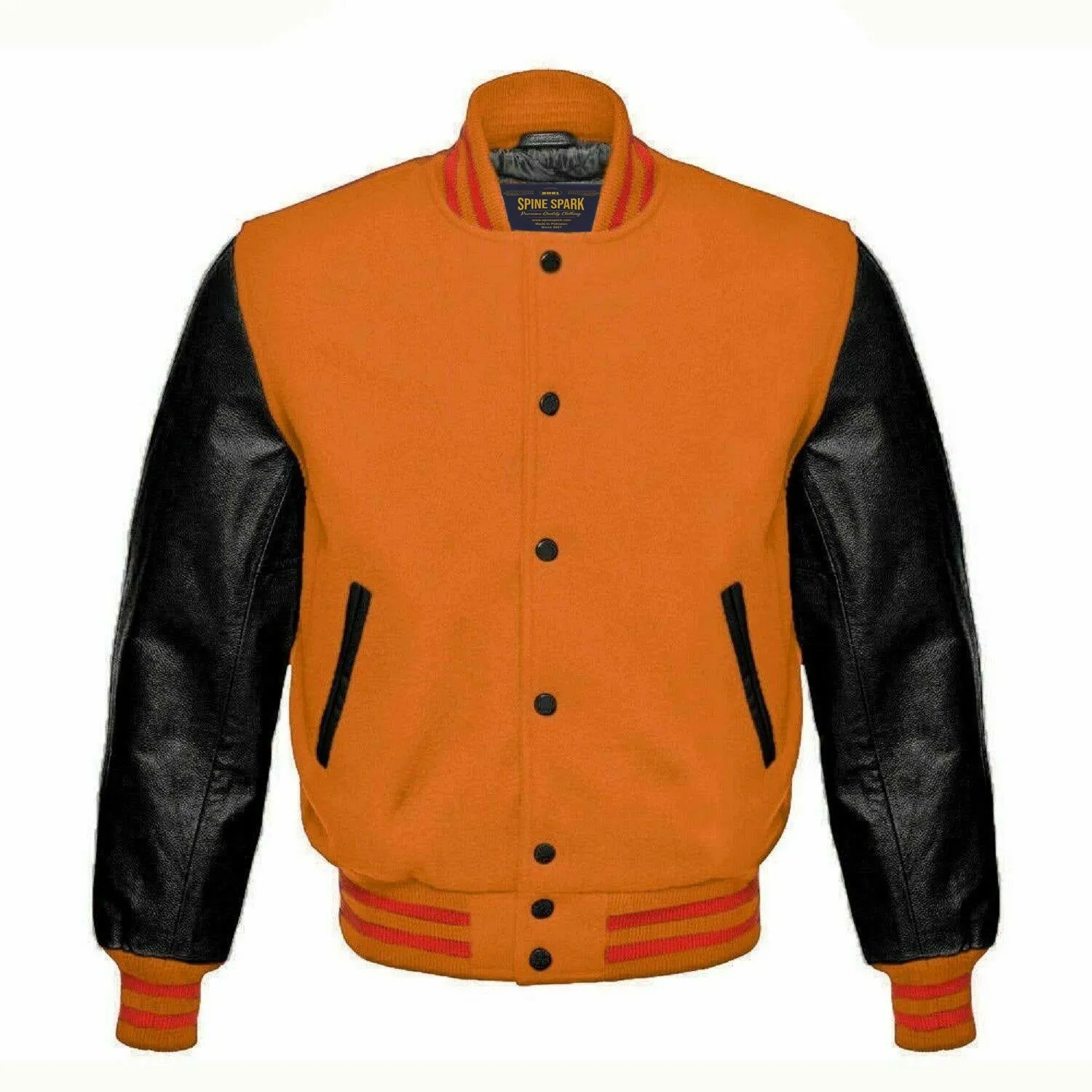 Spine Spark Orange Wool Varsity Jacket Black Leather Sleeves
