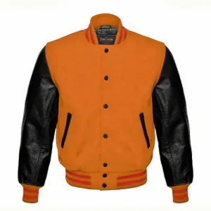 Spine Spark Orange Wool Varsity Jacket Black Leather Sleeves