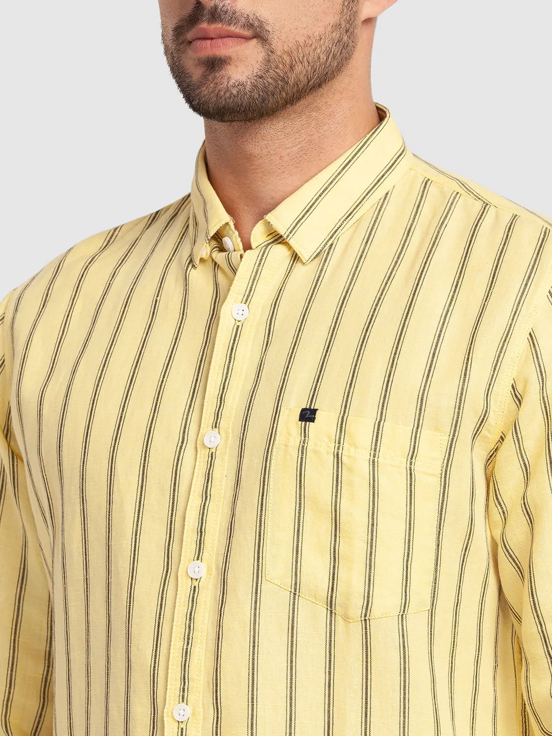 Spykar Butter Yellow Cotton Full Sleeve Stripes Shirt For Men