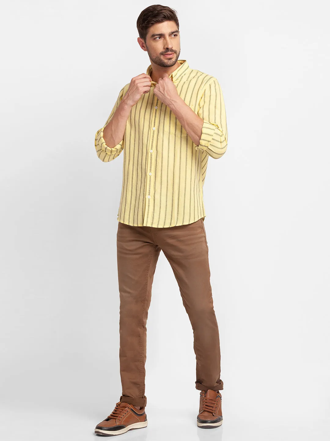 Spykar Butter Yellow Cotton Full Sleeve Stripes Shirt For Men