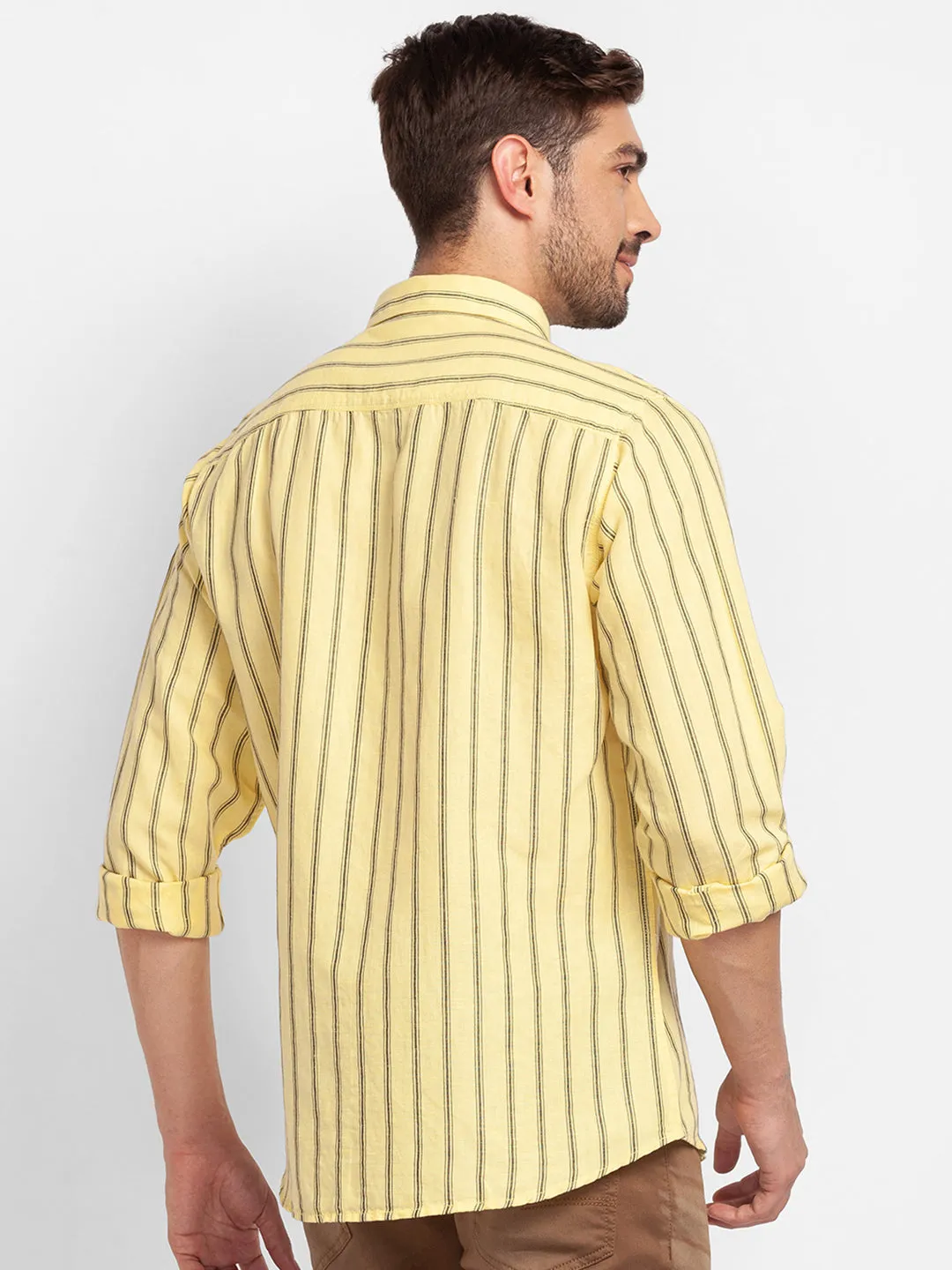 Spykar Butter Yellow Cotton Full Sleeve Stripes Shirt For Men