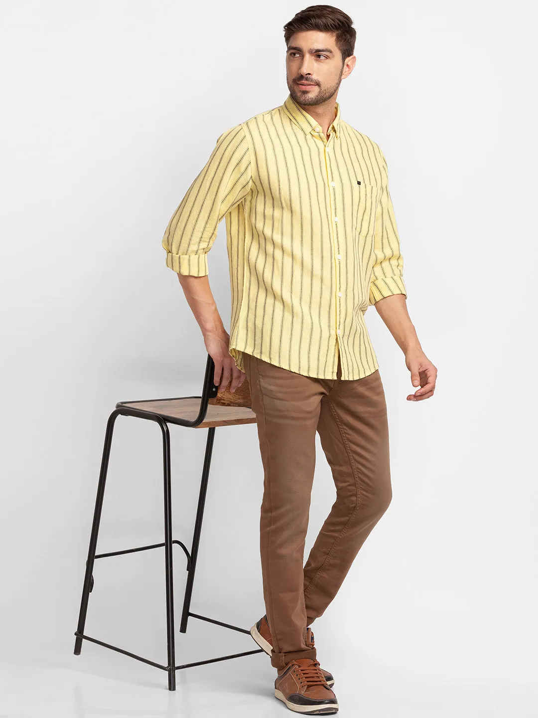 Spykar Butter Yellow Cotton Full Sleeve Stripes Shirt For Men