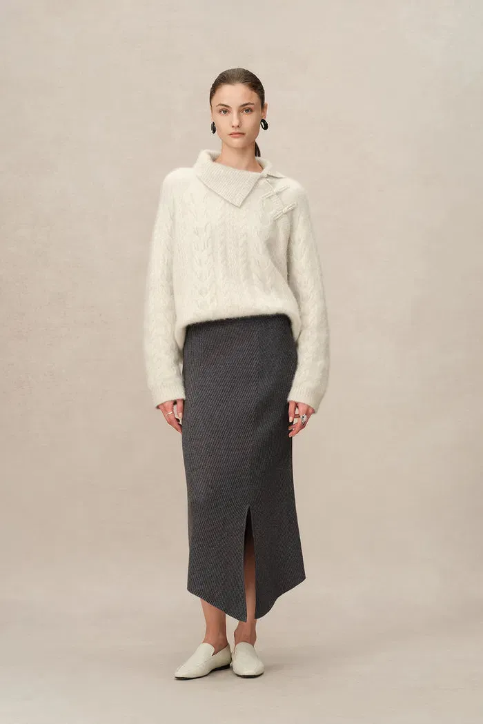 Stellar Handcrafted Buttons Collared Sweater in Arctic Fox Down Knit