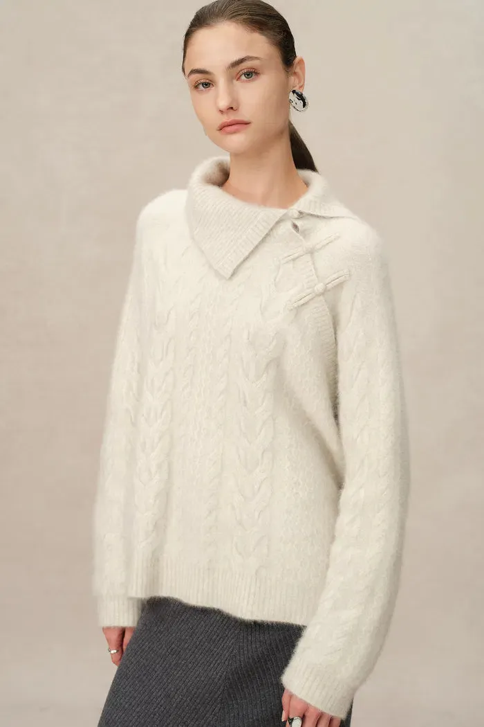 Stellar Handcrafted Buttons Collared Sweater in Arctic Fox Down Knit