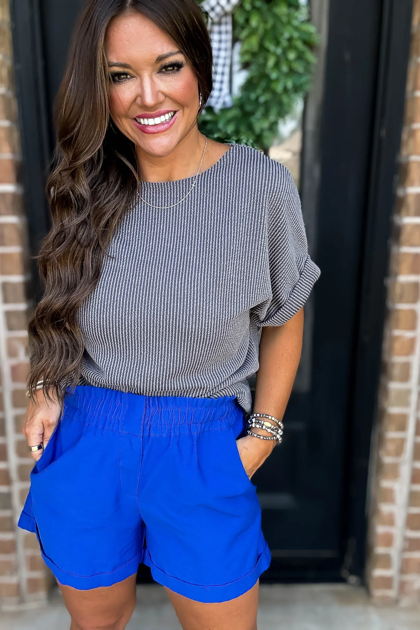 Suns Out Royal Blue Solid Cuffed Stretch-Band Shorts