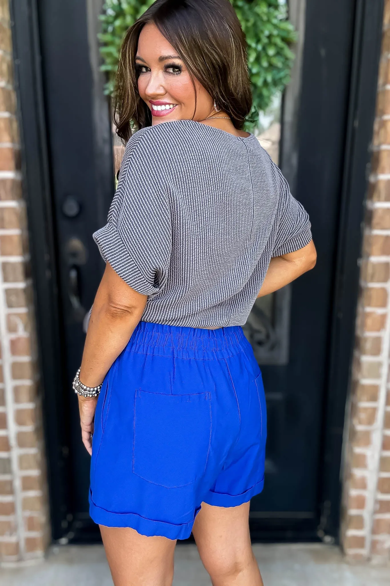 Suns Out Royal Blue Solid Cuffed Stretch-Band Shorts