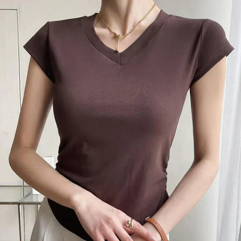 Tight Casual All-match Irregular Slim Top V-neck Ruched Short Sleeve Tee