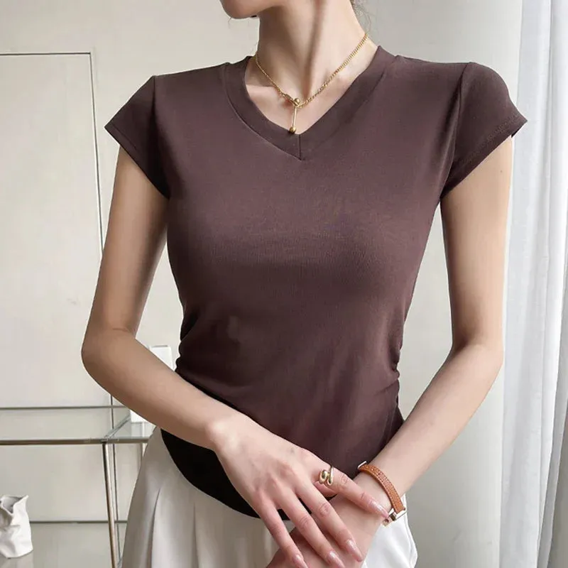 Tight Casual All-match Irregular Slim Top V-neck Ruched Short Sleeve Tee