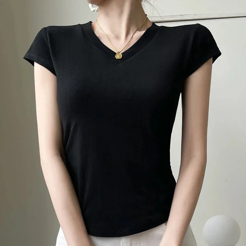Tight Casual All-match Irregular Slim Top V-neck Ruched Short Sleeve Tee