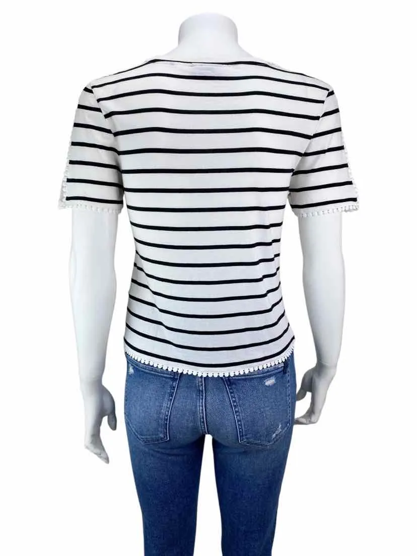 Top Shop Women's Cropped Striped Tee with Lace White/Black Size 4