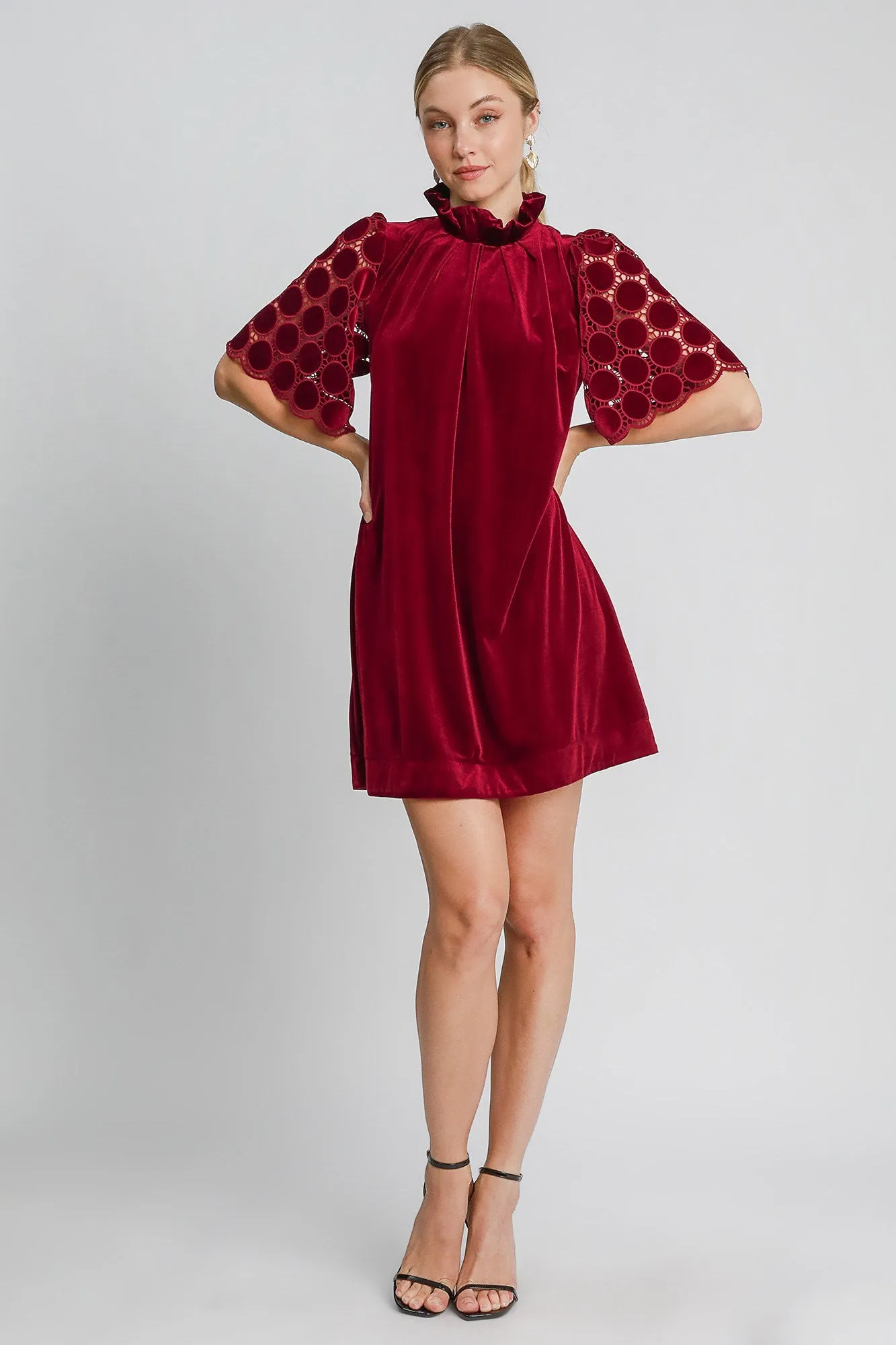 Umgee Burgundy Dotted Lace Half Sleeve Mock Neck Back Tie Velvet Dress