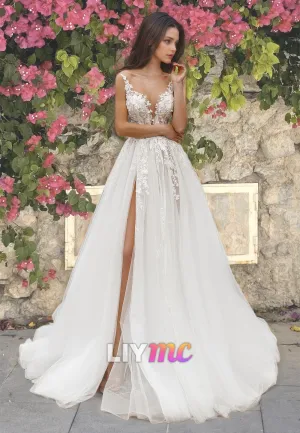 V-Neck Sleeveless Straps Appliques Tulle A-Line Wedding Dress