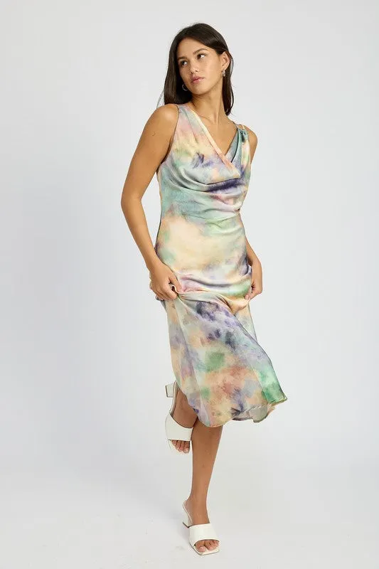 Watercolor Whimsy Cowl Neck Midi Dress