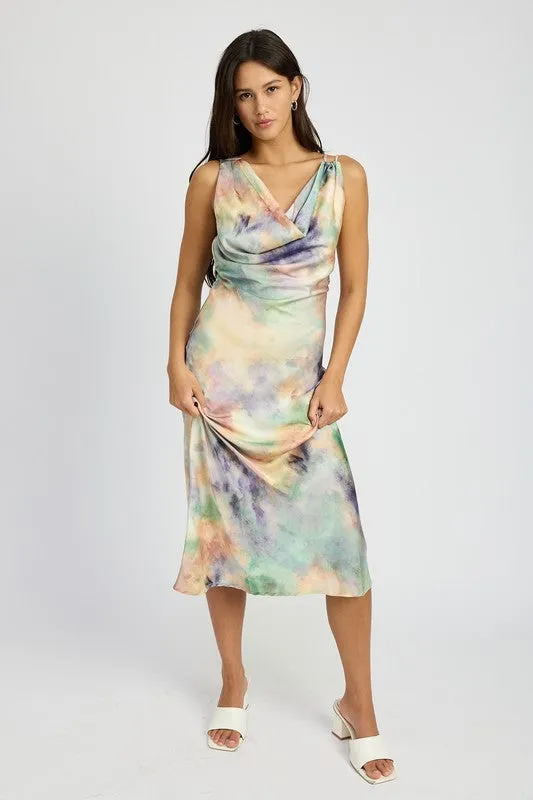 Watercolor Whimsy Cowl Neck Midi Dress