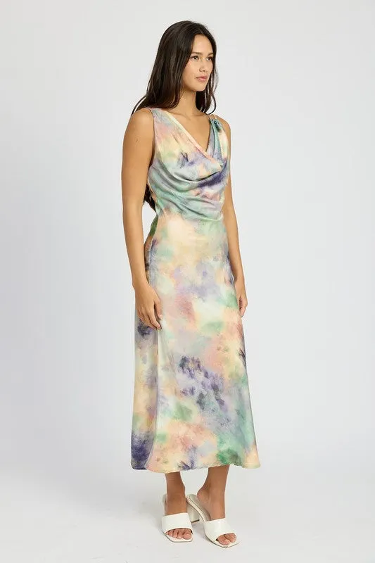 Watercolor Whimsy Cowl Neck Midi Dress