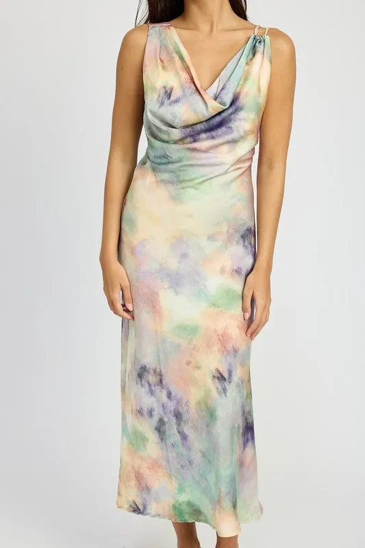 Watercolor Whimsy Cowl Neck Midi Dress