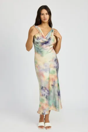Watercolor Whimsy Cowl Neck Midi Dress
