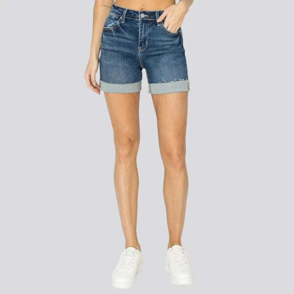 Whiskered medium-wash denim shorts