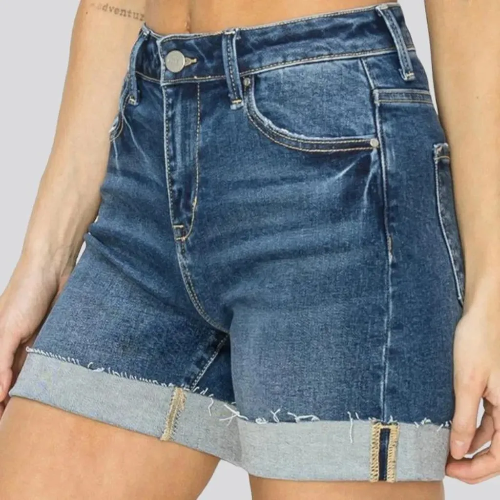 Whiskered medium-wash denim shorts