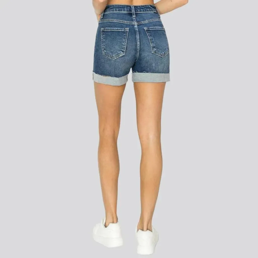 Whiskered medium-wash denim shorts