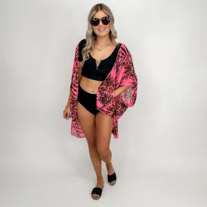 White Birch Aloha Vibes Lightweight Short Sleeve Pink Kimono