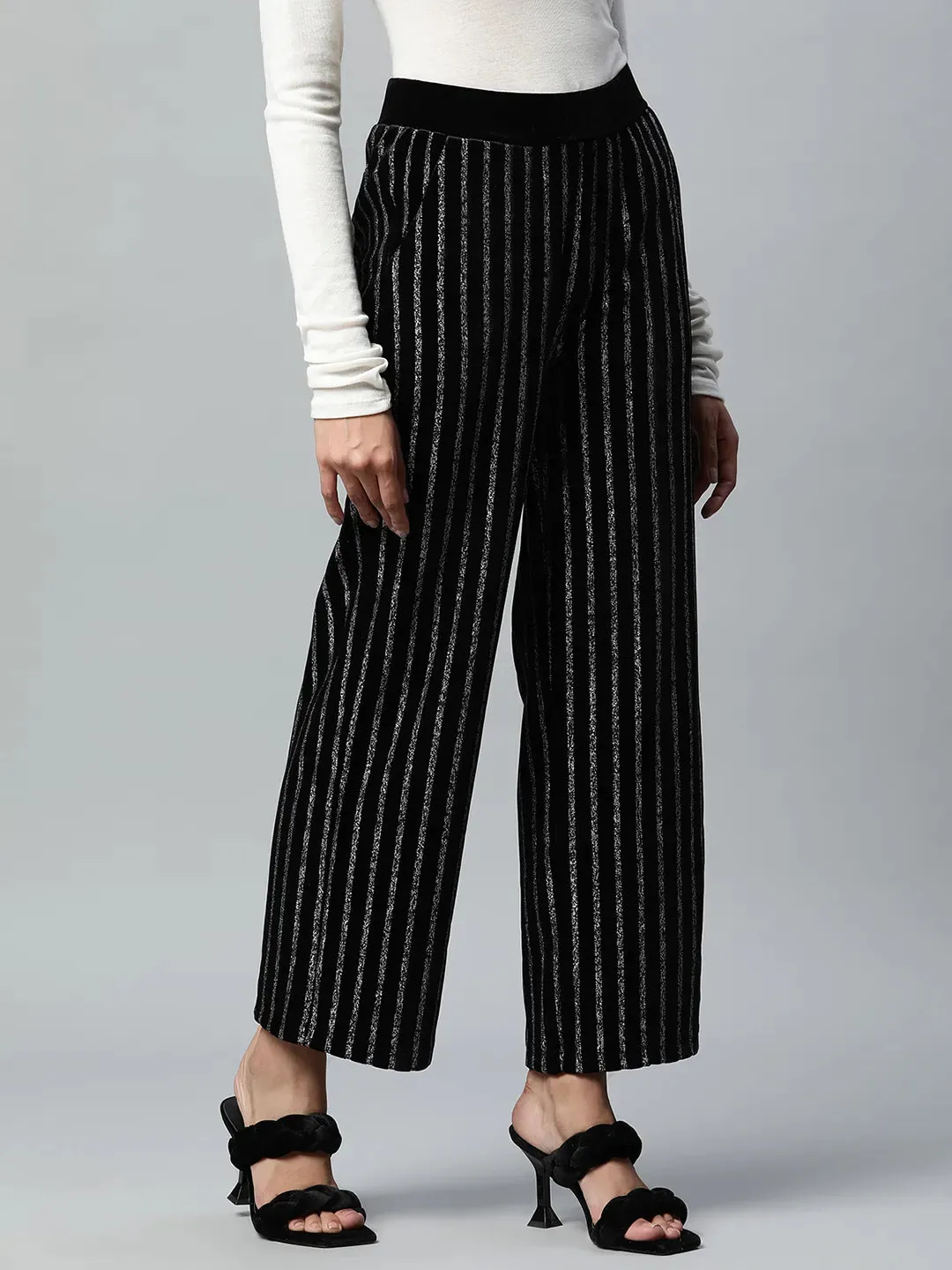 Women Loose Fit Full Length Black Striped Foil Printed Velvet Trousers