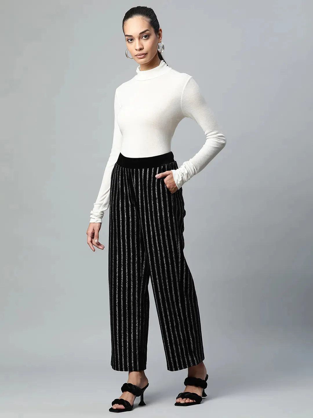 Women Loose Fit Full Length Black Striped Foil Printed Velvet Trousers