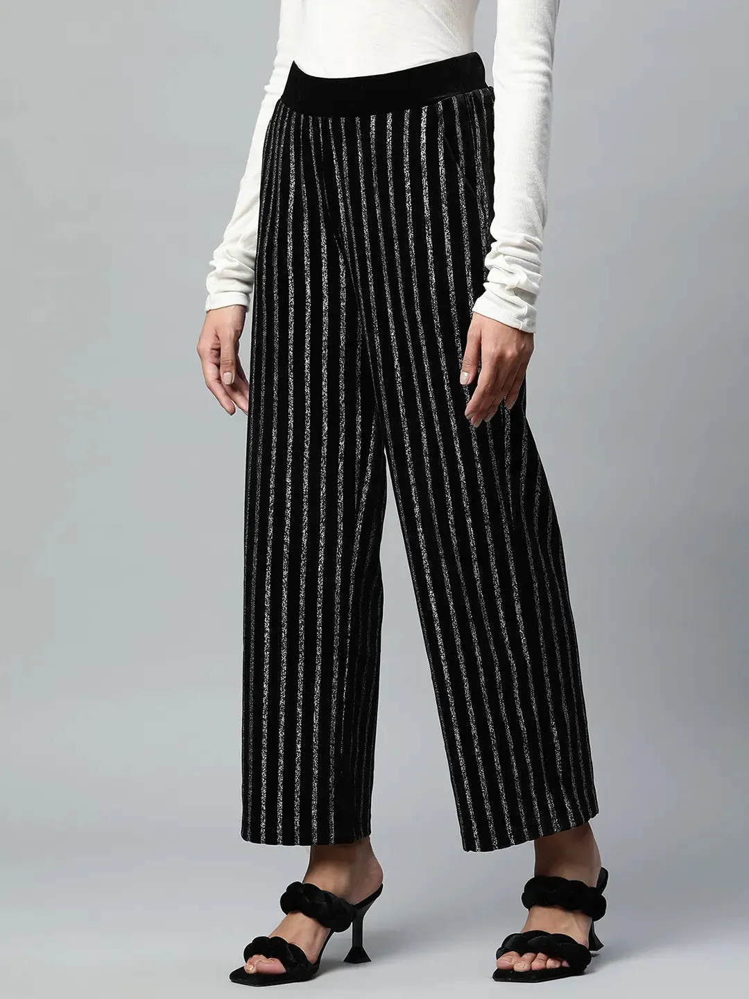 Women Loose Fit Full Length Black Striped Foil Printed Velvet Trousers